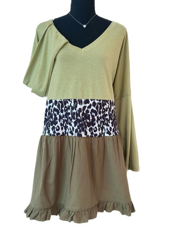 MISSLOOK Dresses & Skirts - MISSLOOK ~ Olive V-Neck Tiered Tunic Dress with Leopard Waistband Long Sleeves